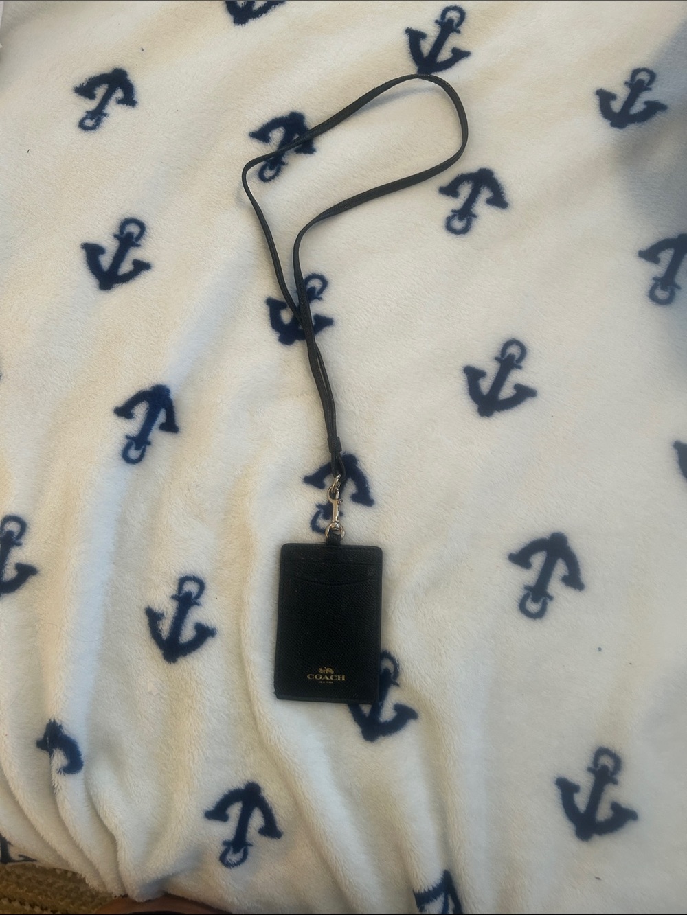 Coach Black Leather ID Card Lanyard with Gold Logo